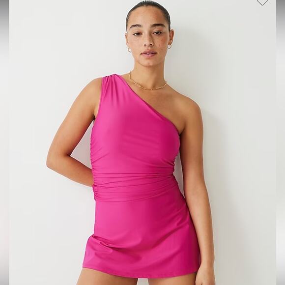 🆕 J. Crew Pink Swim Dress Skirt Asymmetrical Ruched One Shoulder Blogger Fan Fav - Picture 16 of 16